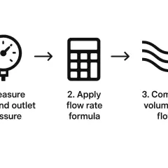 Diagram shows how to calculate water pressure from flow rate: measure pressure, apply formula, compute flow.