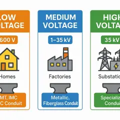 Diagram shows low voltage (600V for homes), medium voltage (1-35kV for factories), and high voltage (35kV+ for substations) with associated conduit types.