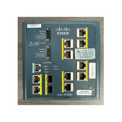 Close-up of a Cisco IE 3000 8TC industrial Ethernet switch, showing its ports and labels.