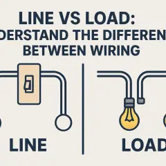 Diagram shows a switch on the left labeled "LINE" and two light bulbs on the right labeled "LOAD," illustrating the difference in wiring.