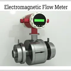 An electromagnetic flow meter, a product of Proteus Industries, displays flow direction with an arrow.