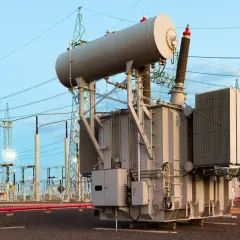 A substation with large transformers, which handle power in kilovolts, under a twilight sky.