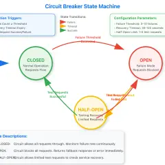 Diagram of a circuit breaker state machine showing transitions between CLOSED, HALF-OPEN, and OPEN states.