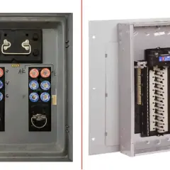 A vintage fuse box with round fuses sits next to a modern circuit breaker panel, showcasing the evolution of electrical safety.