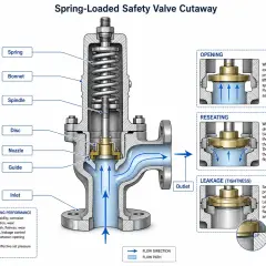 Cutaway of a spring-loaded safety dump valve, showing its internal components and how it opens, reseats, and prevents leakage.