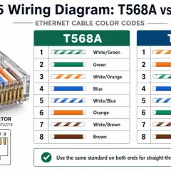 RJ45 wiring diagram showing T568A and T568B color codes for an ethernet cable.