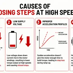 Causes of losing steps in a high speed stepper motor: torque reduction, low voltage, improper acceleration, and high inertia.