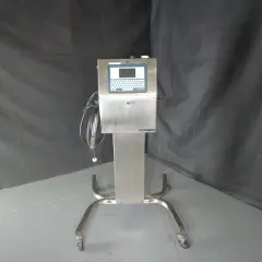 A Videojet Technologies Inc. industrial printer on a wheeled stand, ready for production.
