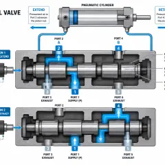 Diagram of a 5/2-way pneumatic directional control valve, showing how pilot air shifts the spool to extend or retract a cylinder.