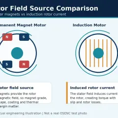 Permanent magnet motor rotor uses magnets for field, while induction motor rotor has induced current. Rotor vs motor comparison.