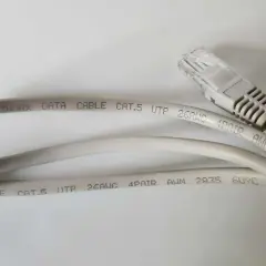 Two grey Cat.5 ethernet cables are shown, one with an RJ45 connector. The text on the cables indicates they are suitable for data transmission, with no mention of minimum ethernet cable length.