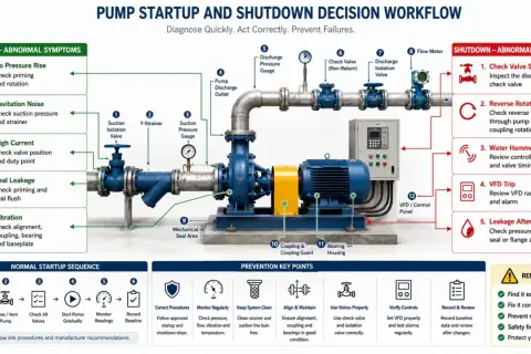 Diagram of a pump system, highlighting potential issues like air in pump suction line during startup.
