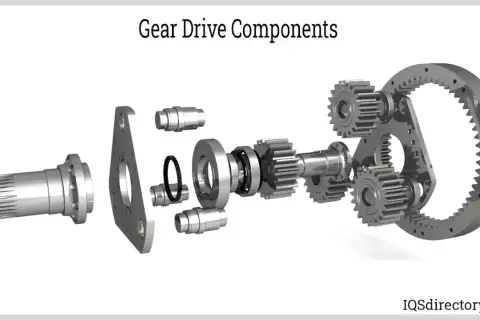 Exploded view of gear drive components, showing a splined shaft, gears, bearings, and a ring gear. Essential parts for any gear head motors.
