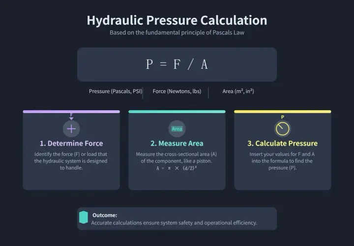 Hydraulic pressure calculation: P=F/A. Steps to determine force, measure area, and calculate pressure for safe system operation.