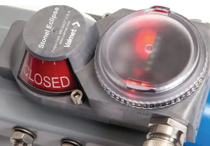 Close-up of a Stonel Eclipse valve actuator, showing the "CLOSED" indicator and a red status light.