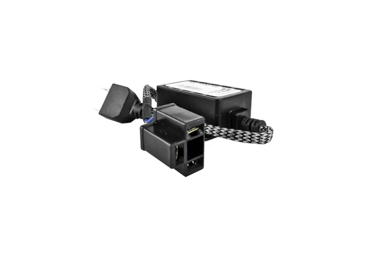 Black EMI filter for LED lights, featuring a compact box and connector with a braided cable.