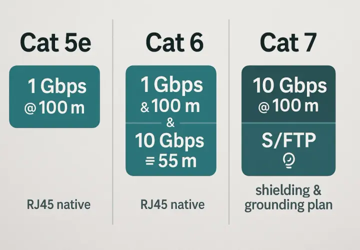 Cat 6 offers higher speeds than Cat 5e, supporting 10 Gbps up to 55m. Both are RJ45 native.