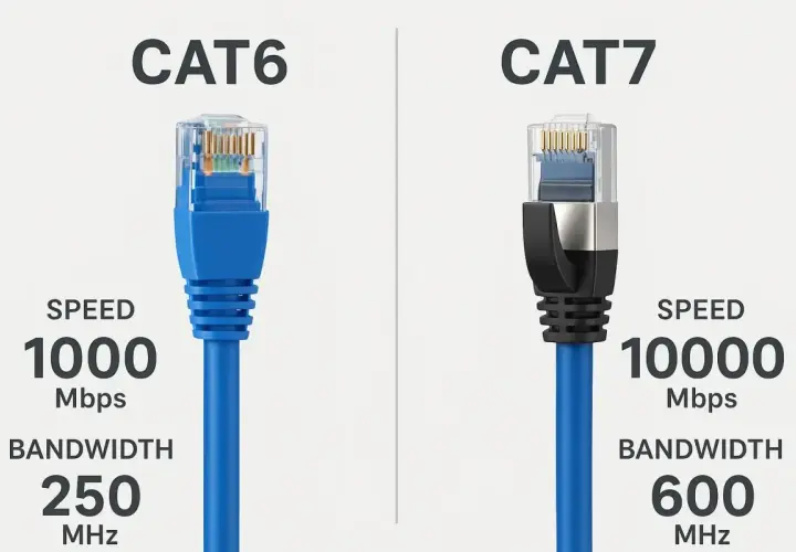 CAT6 vs CAT7 Ethernet cables. CAT7 offers a massive speed upgrade, reaching 10000 Mbps compared to CAT6's 1000 Mbps.