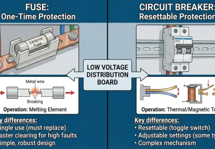 Illustrates the difference between a fuse (one-time protection, melting element) and a circuit breaker (resettable protection, thermal/magnetic trip).