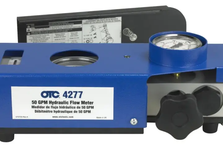 OTC 4277 hydraulic flow meter, designed to measure the rate of flow up to 50 GPM. Features a pressure gauge and temperature display.