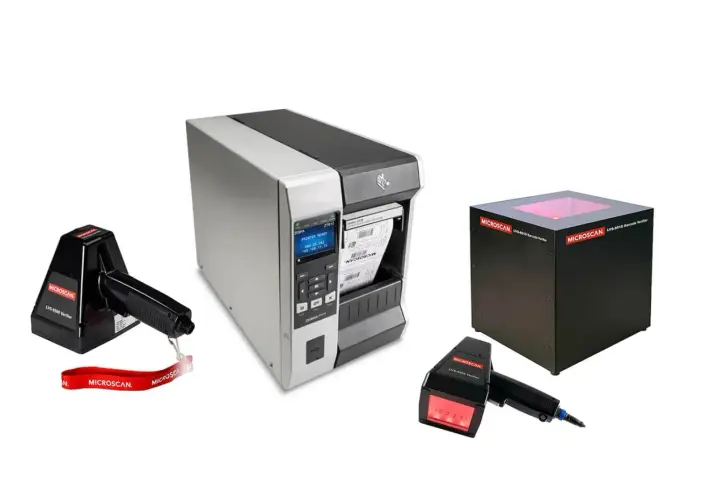 Three Microscan barcode verifiers and a Zebra printer are displayed.