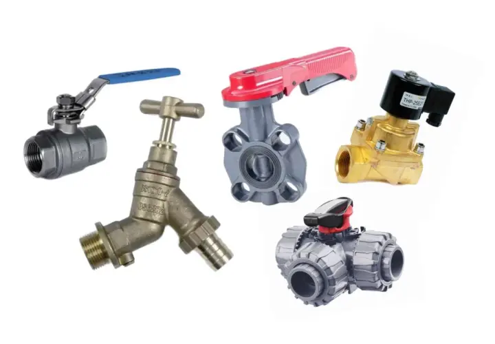 A collection of various valbia types, including ball, butterfly, solenoid, and garden taps, showcasing different materials and designs.