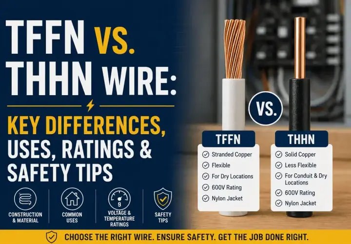 Comparing TFFN and THHN wire, showing stranded vs. solid copper, flexibility, and uses for conduit and dry locations.