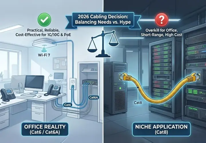 Office reality uses Cat6/Cat6A for practical, reliable, cost-effective networking. Cat8 is a niche application, overkill for offices.