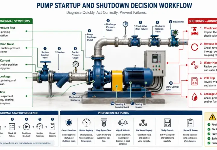 Diagram of a pump system, highlighting potential issues like air in pump suction line during startup.