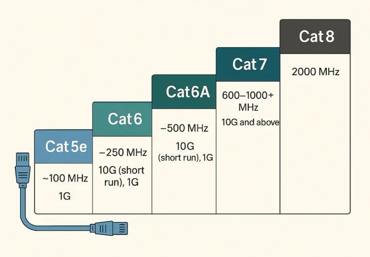 Diagram shows Ethernet cable categories (Cat 5e to Cat 8) with their MHz and speed capabilities. Cat 6 supports 250 MHz and 10G on short runs, illustrating ethernet cable distance limit cat6.