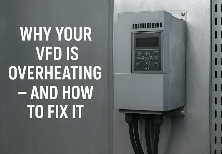 A VFD motor overload fault can cause overheating. This image shows a VFD unit and text explaining why your VFD is overheating and how to fix it.