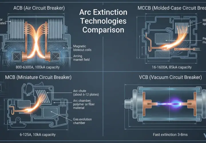 Diagrams comparing arc extinction technologies in ACB, MCCB, MCB, and VCB circuit breakers, illustrating arc quenching methods.