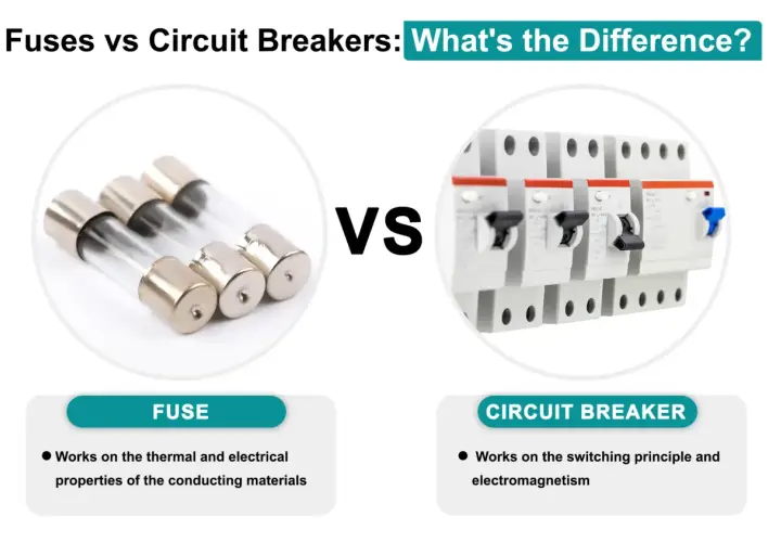 Fuses vs circuit breakers: a comparison of electrical safety devices. Fuses use thermal properties, while circuit breakers use switching and electromagnetism.