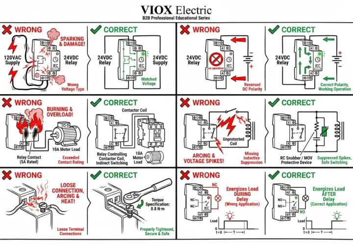 Diagrams showing correct and incorrect wiring for a motor starter coil symbol, illustrating issues like wrong voltage, reversed polarity, and arcing.