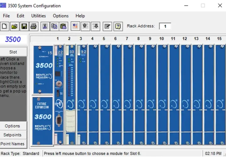 Baker Hughes Bently Nevada 3500 system configuration screen showing a rack with installed modules.
