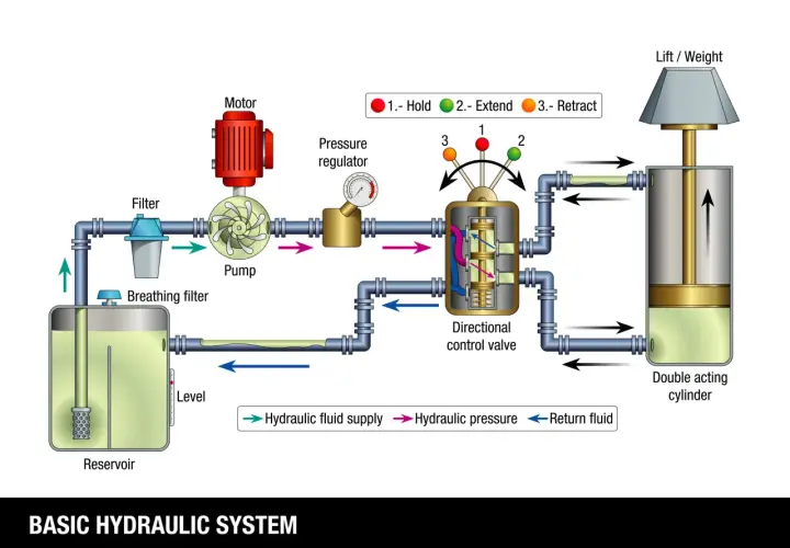 Diagram illustrating a basic hydraulic system: motor, pump, filters, pressure regulator, directional control valve, and double-acting cylinder. This is an introduction to fluid power.