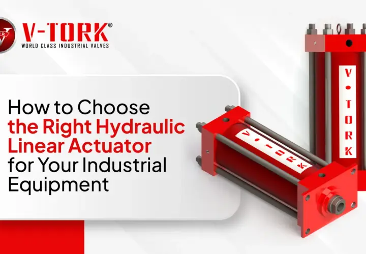 Red hydraulic actuator types from V-Tork, showcasing linear motion solutions for industrial equipment.