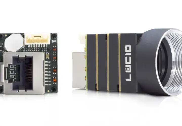 Two components from Lucid Vision Labs: a compact camera module with an RJ45 connector and a lens assembly.