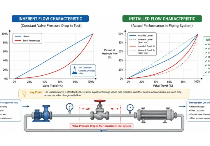 Diagrams compare linear and equal percentage valve flow characteristics. A linear control valve shows a straight line on a flow vs. travel graph.