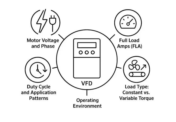 Diagram shows factors for VFD sizing: motor voltage, FLA, load type, duty cycle, and operating environment.