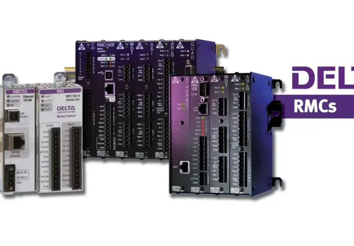Delta Computer Systems RMC motion controllers, including RMC75E, MA2, RMC150E, and RMC100 models, are displayed.