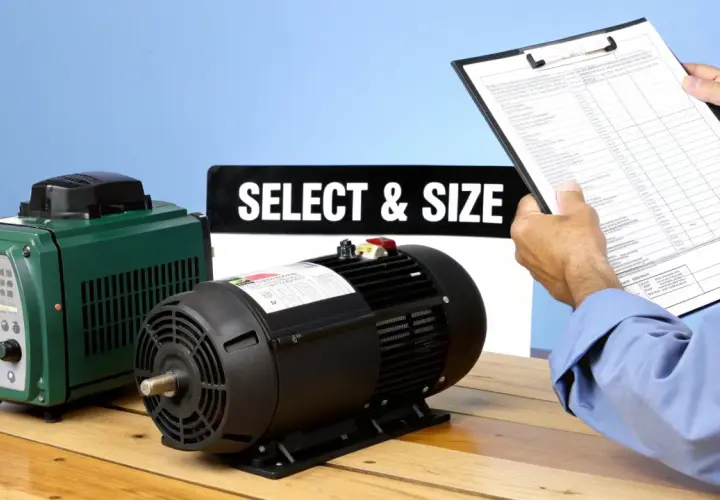 A person reviews a document next to a green VFD and a black motor. The sign "SELECT & SIZE" is visible, hinting at the importance of VFD carrier frequency.