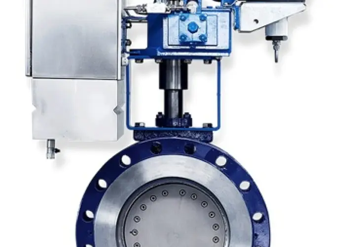 A heavy-duty industrial butterfly valve, likely a Zwick valve, with a blue flange and silver disc, connected to a complex blue and silver actuator system.