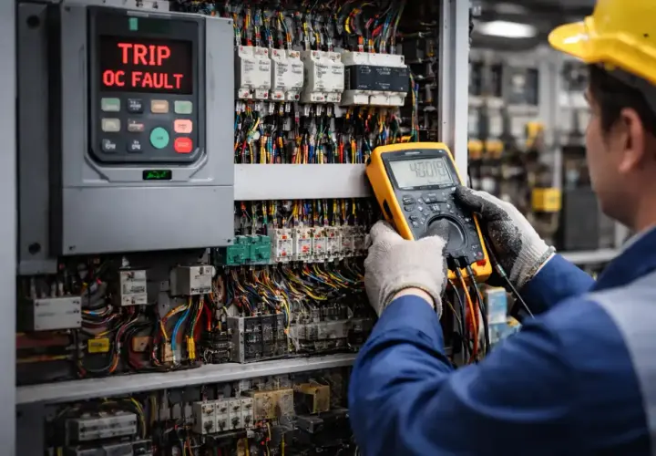 Technician performing VFD troubleshooting on a complex electrical panel, with a "TRIP OC FAULT" displayed.