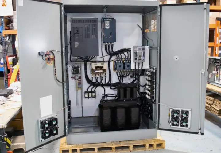 Inside an open electrical cabinet, a VFD drive cooling system with multiple fans is visible, alongside transformers and other components.