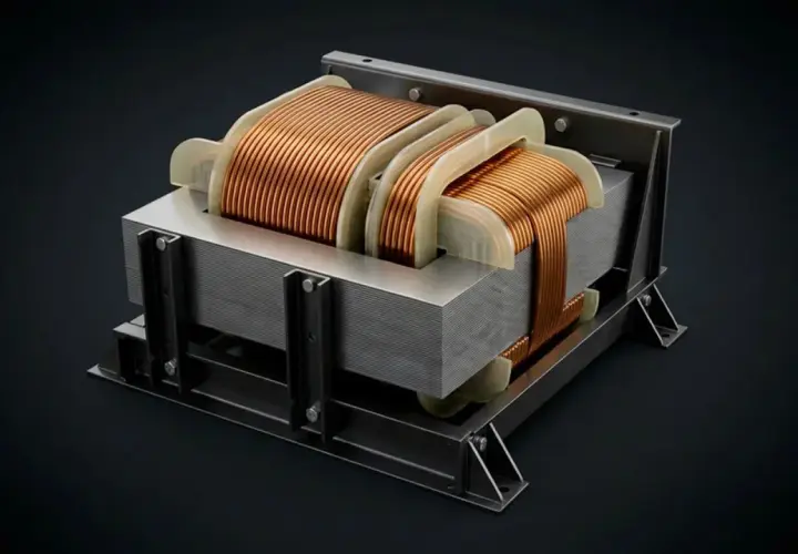 A detailed view of an isolation transformer, showcasing its copper windings and laminated core, essential for electrical safety.