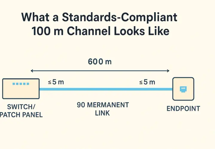 Diagram shows a 100m channel, with a 90m permanent link and two 5m patch cords, illustrating the ethernet cable distance limit.