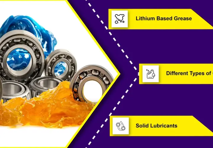 Several ball bearings are shown, some coated in orange grease and others in blue grease. These are essential components for smooth operation of bearings in a motor.