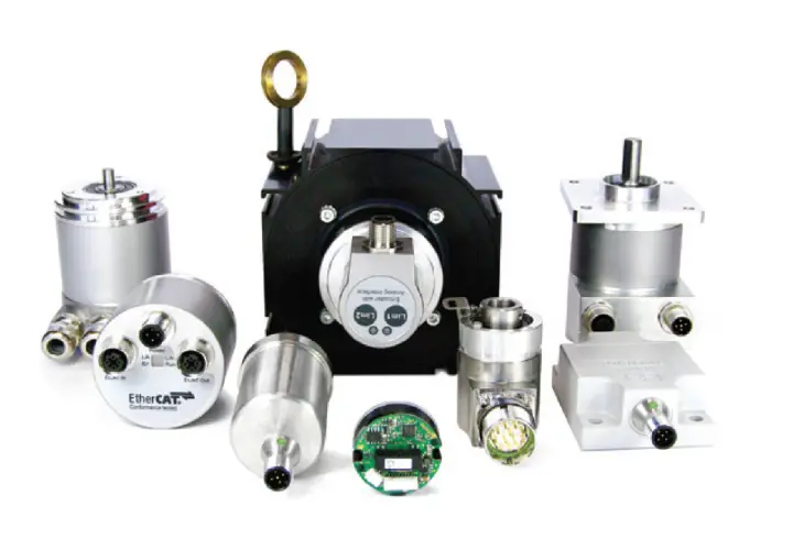 A collection of Posital Fraba encoders and sensors, showcasing various models with different connectors and mounting styles.