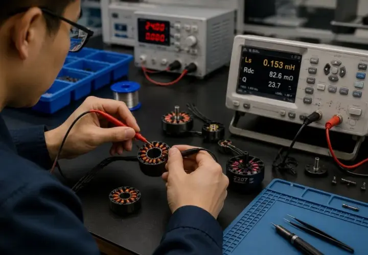 Technician performs a motor winding resistance test, checking inductance and resistance values on a digital meter.